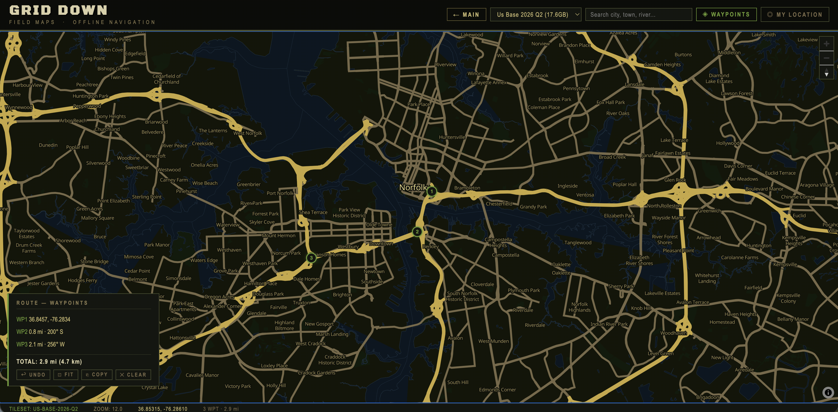 GRIDDOWN offline map — Norfolk, VA with waypoints